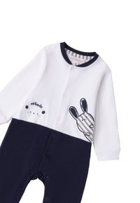 Bodysuit en coton bleu marine et blanc pour bébé, à manches longues, avec broderies d'animaux, fermetures à boutons-pression et une accent rayé sur la poitrine.
