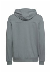 Szara bluza z kapturem, miękka mieszanka bawełny, ściągacze przy rękawach i u dołu, płaskie szwy, bez grafik i ozdób, widok od tyłu.