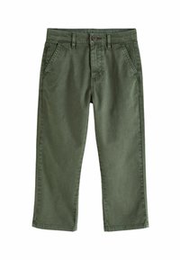 Grüne Baumwollhose mit geradem Schnitt, ausgestattet mit zwei Fronttaschen, einem Knopfverschluss und einer glatten Textur.