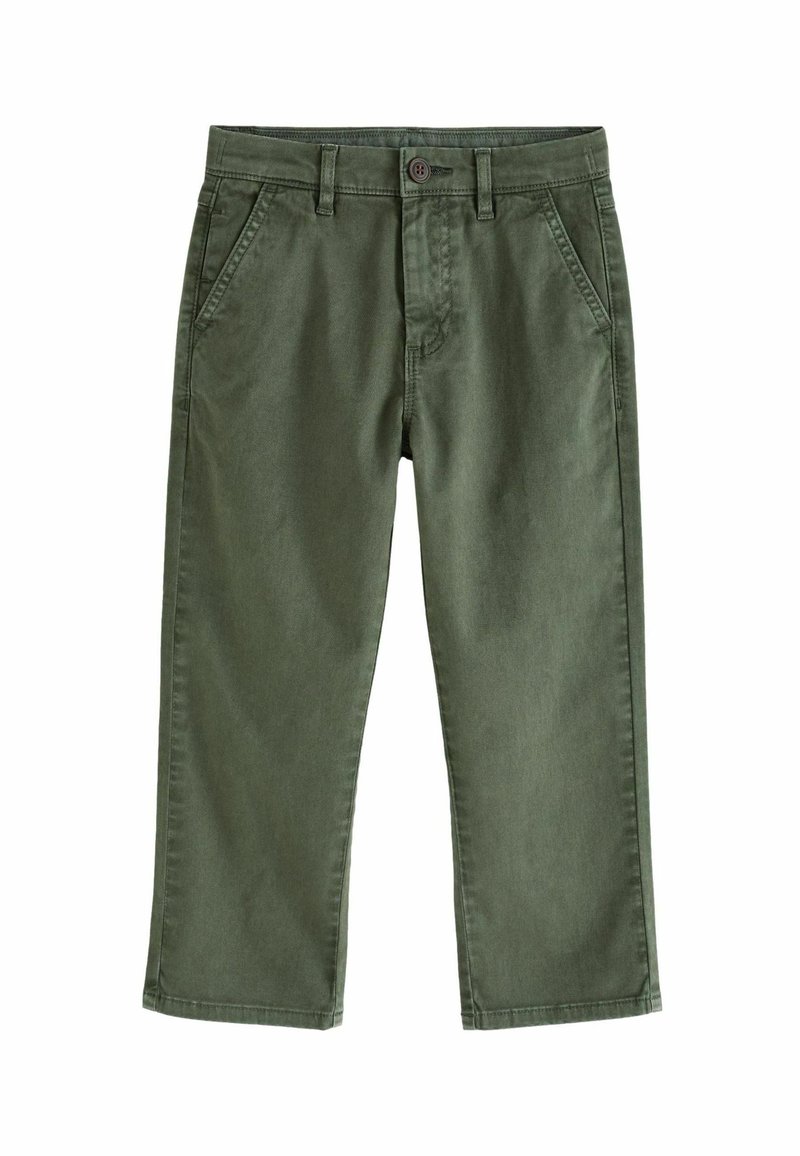 Grüne Baumwollhose mit geradem Schnitt, ausgestattet mit zwei Fronttaschen, einem Knopfverschluss und einer glatten Textur.