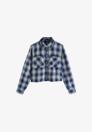Camicia a maniche lunghe cropped a quadri blu e bianchi con due tasche sul petto.