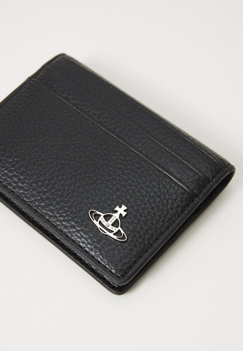 Black leather wallet with a textured finish, featuring a silver logo accent and three card slots on one side. Compact rectangular shape.
