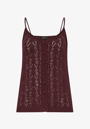 Bordeaux gebreide tanktop met verstelbare spaghettibandjes, geometrische uitsnijdingen en een centrale knoopsluiting.