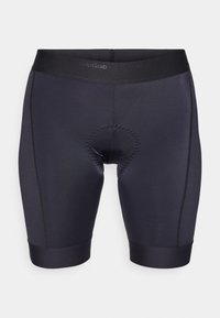 Schwarze Radsportshorts aus glattem, dehnbarem Stoff. Mit gepolstertem Sitzbereich und elastischem Bund für Komfort während der Fahrten.