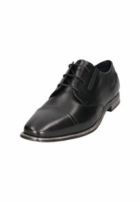 Zapato de vestir negro de cuero con acabado pulido, punta redondeada, costuras decorativas y cierre de cordones. Presenta un tacón bajo apilado.