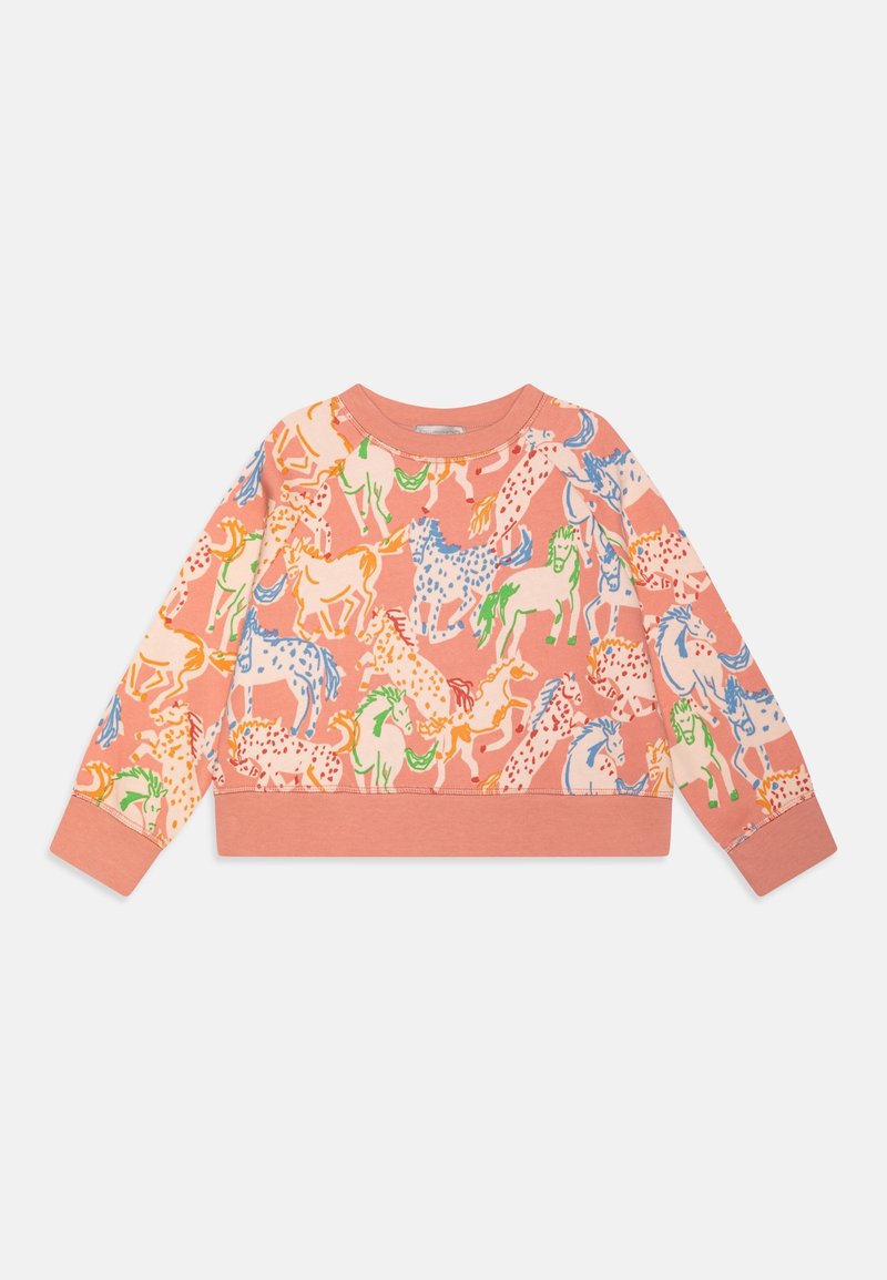 Sweatshirt rose avec un motif de chevaux animés en vert, bleu, orange et jaune. Il présente un col rond et des bords côtelés à l'ourlet.