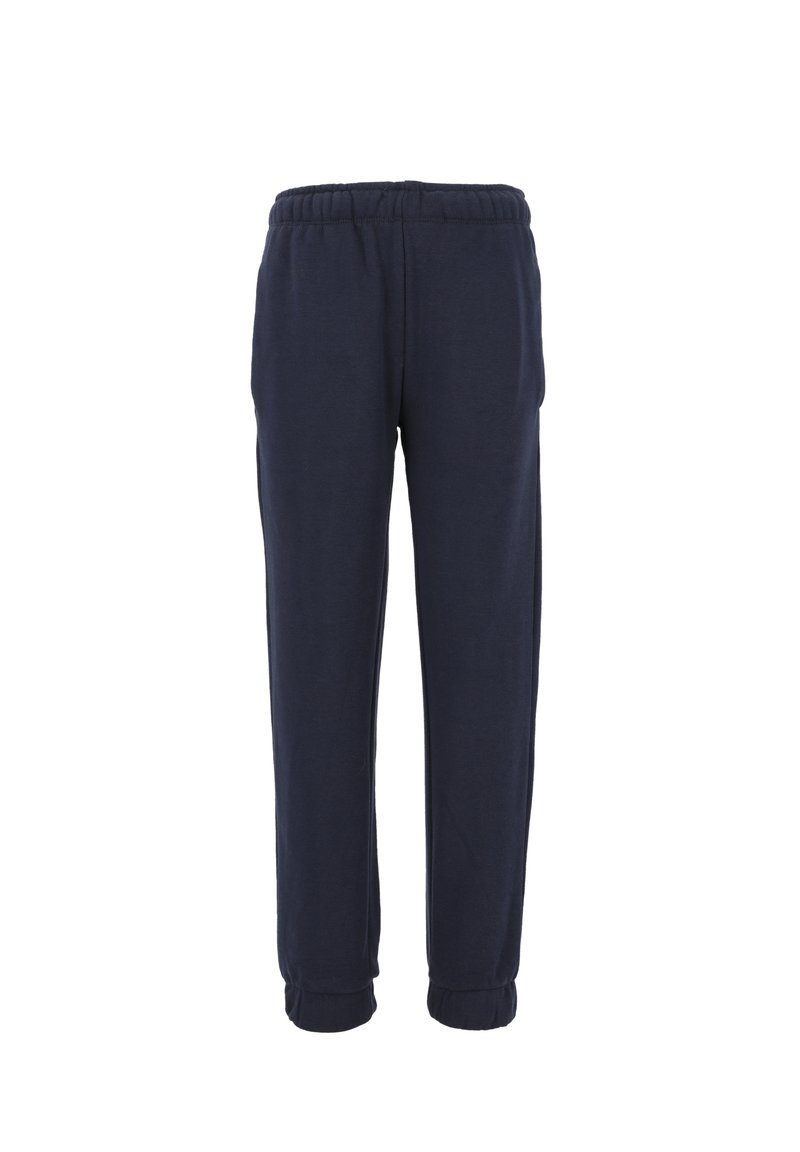 Marineblauwe sweatpants met een elastische tailleband, taps toelopende benen en ribboorden. Gemaakt van zachte, ademende stof.