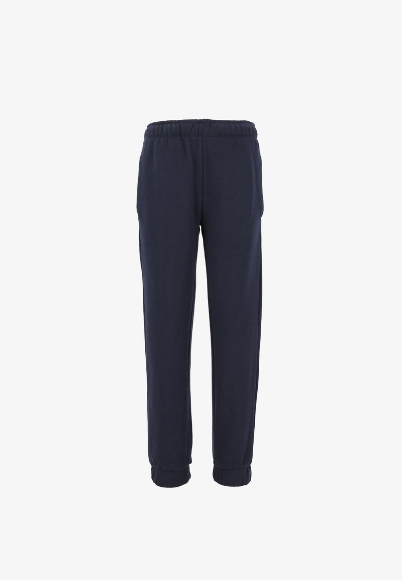 Marineblauwe sweatpants met een elastische tailleband, taps toelopende benen en ribboorden. Gemaakt van zachte, ademende stof.