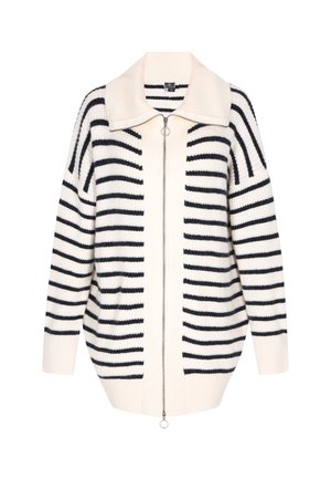 Strickjacke mit Reißverschluss in Creme mit kräftigen dunkelblauen Streifen, ausgestattet mit einem breiten Kragen und einem Frontreißverschluss mit Metall-Zip-Zieher. Lockere Passform.