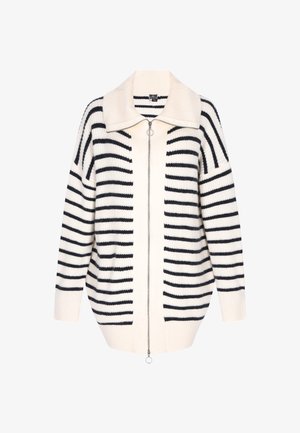 Strickjacke mit Reißverschluss in Creme mit kräftigen dunkelblauen Streifen, ausgestattet mit einem breiten Kragen und einem Frontreißverschluss mit Metall-Zip-Zieher. Lockere Passform.