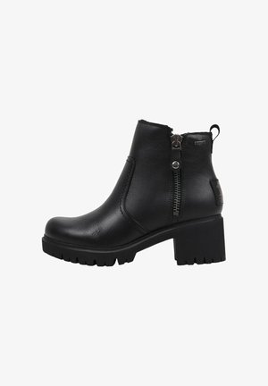Black leather ankle boot with a textured finish, side zip closure, chunky heel, and rugged sole. Features minimalist design and accents.
