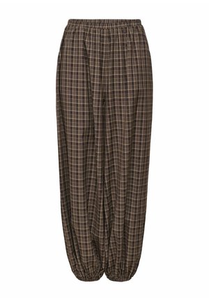Løse brune ternede bukser med elastisk talje og elastiske manchetter ved anklerne, vist mod en hvid baggrund.