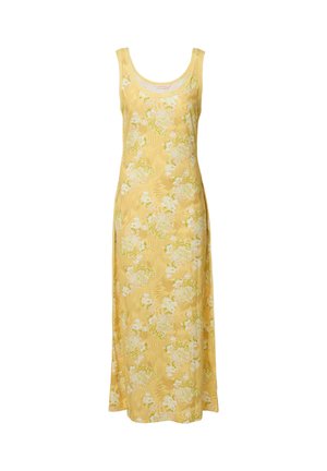 Geel maxi-jurk met bloemenpatroon, ronde halslijn en mouwloos ontwerp. Gemaakt van zachte stof met een vloeiende silhouet.