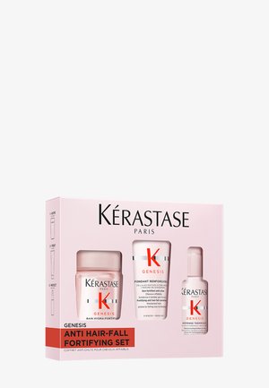 Kérastase Genesis Anti Hair-Fall Fortifying Set i en pink æske inkluderer tre hårprodukter: en krukke, en tube og en sprayflaske.