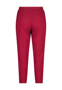 Rode, rekbare broek met een gestructureerde stof, elastische tailleband en twee achterzakken. Tapered leg ontwerp met omgestikte manchetten.