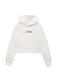 Bela skrajšana kapuca iz mehkega blaga. Ima veliko kapuco, dolge rokave in rdeče besedilo "Zero Plans 100% FUN" na sprednji strani.