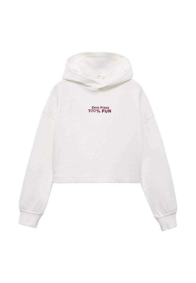 Bela skrajšana kapuca iz mehkega blaga. Ima veliko kapuco, dolge rokave in rdeče besedilo "Zero Plans 100% FUN" na sprednji strani.