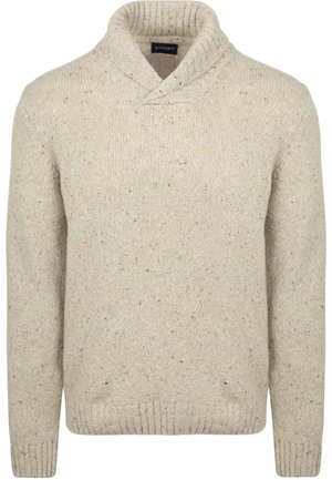 Beige gestrickter Pullover mit einem Schalkragen, der ein strukturiertes Muster und kleine Farbspritzer aufweist. Gerippte Bündchen und Saum.