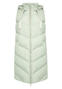 Jasnozielona pikowana kamizelka z kapturem, z pionowym zamkiem błyskawicznym, dwoma bocznymi kieszeniami i wzorem pikowania w kształcie szewronu.