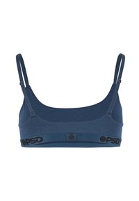 Brassière de sport bleu marine avec bretelles fines réglables et bande élastique ornée de logos "PSD" noirs à l'avant.