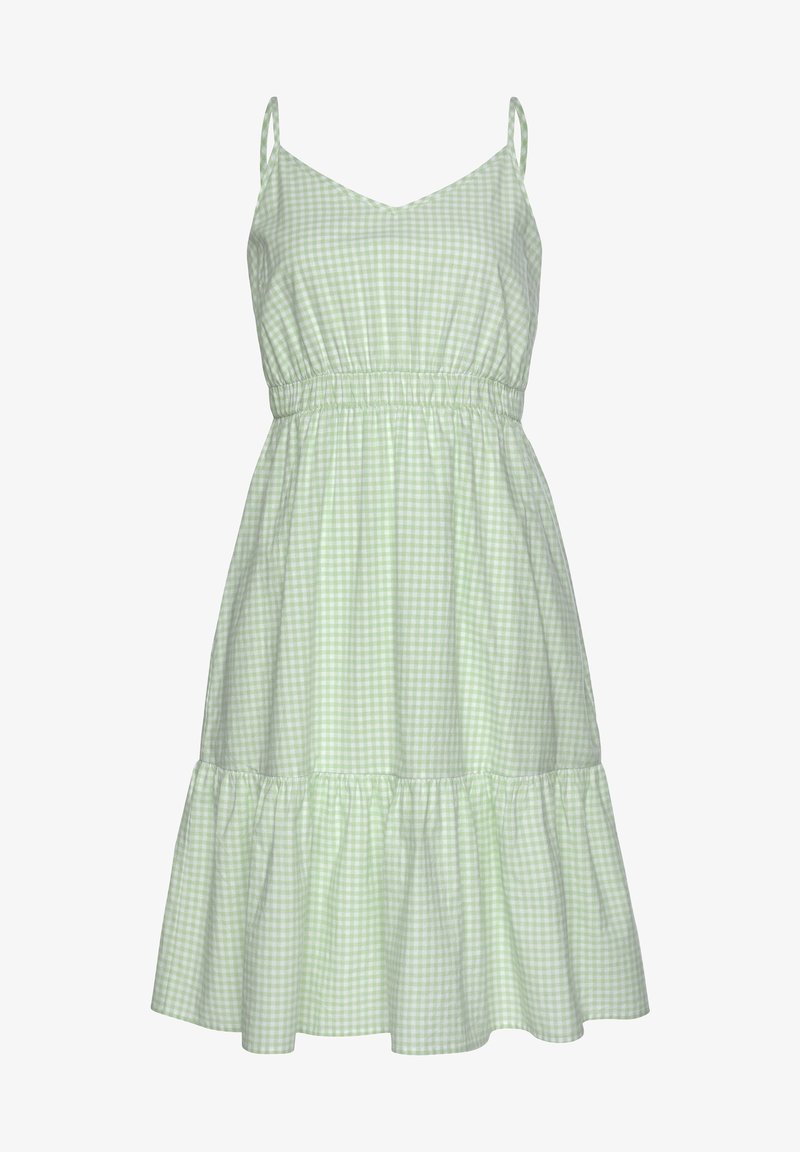 Robe sans manches en vichy vert clair et blanc avec fines bretelles, taille élastiquée, encolure en V et ourlet volanté.