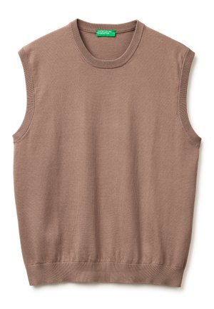 Gilet marron en maille sans manches avec un col rond et des bords côtelés, étiqueté "United Colors of Benetton" à l'intérieur du col.