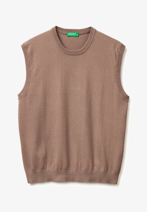 Chaleco de punto marrón sin mangas con cuello redondo y bordes acanalados, con la etiqueta "United Colors of Benetton" en el interior del cuello.