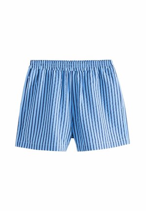 Pantaloni scurți raiati albastre cu un elastic la talie și o croială lejeră. Prezintă dungi verticale înguste de culoare albastru închis și albastru deschis.