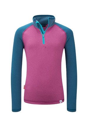 Langärmeliger Pullover mit Viertelreißverschluss in lila-blauem Farbblockdesign und strukturierter Stoff.