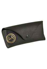 Black textured leather sunglasses case with a flap closure, featuring a round golden logo label and black button hardware.