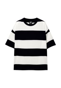 Striped t-shirt in white and navy, featuring short sleeves, a crew neck, and horizontal stripes of varying widths. Soft cotton material.