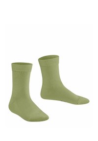 Calzini verde chiaro con bordi a coste, in posizione verticale affiancati su uno sfondo bianco, che mettono in evidenza un design semplice e informale.