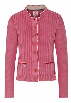 Pink ribbed cardigan featuring a round collar, orange buttons, two front pockets with red trim, and a small butterfly embroidery detail.