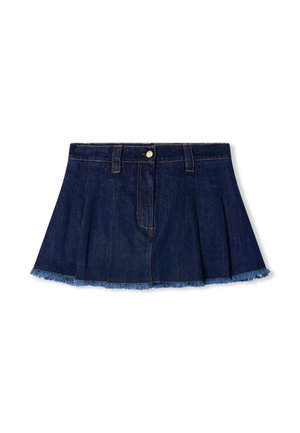 Gonna mini in denim blu scuro con pieghe e orlo sfilacciato. Presenta tasche e chiusura con bottoni frontali, in un classico design a 5 tasche.