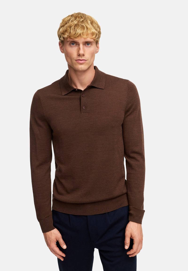 Bruine longsleeve polo shirt met een kraag, voorzien van een gestructureerde tricot, een knoopsluiting met twee knopen en ribgebreide manchetten en onderrand.