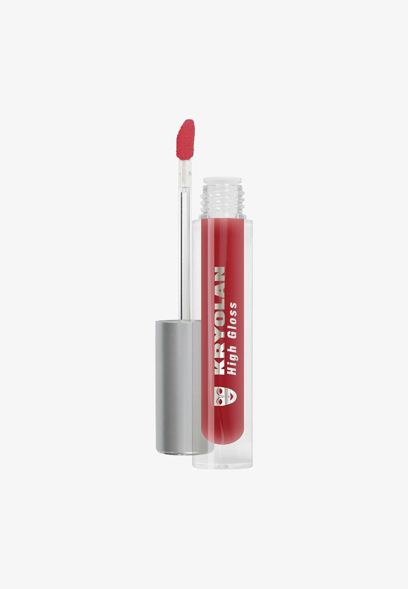 Red lip gloss tube with silver cap and applicator wand, labeled "Kryolan High Gloss," shown with cap removed.