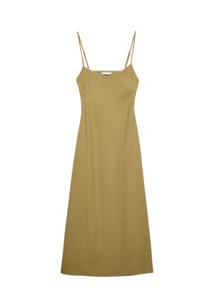 Satin olive green midi dress with adjustable thin straps, a V-neckline, and a straight silhouette, featuring a smooth, textured finish.