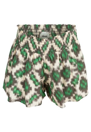 Krótkie, lekkie szorty w zielony, szary i kremowy abstrakcyjny wzór, z elastycznym pasem dla większego komfortu.