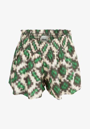 Shorts leggeri e corti con un motivo astratto verde, grigio e crema, dotati di una cintura elastica per il massimo comfort.