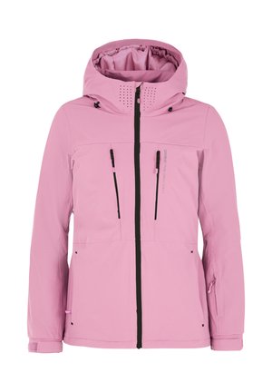 Roze waterdichte jas met capuchon, voorzien van zwarte ritsen, twee voorzakken en ventilatiegaten. Gladde textuur, moderne snit.