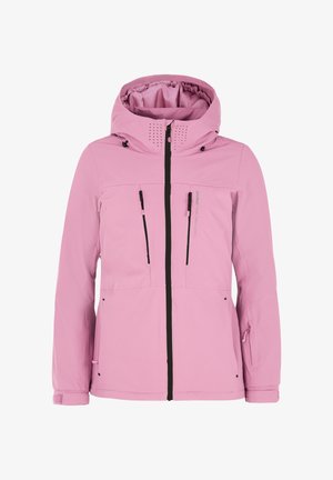 Veste imperméable rose avec capuche, dotée de fermetures à glissière noires, de deux poches avant et de trous de ventilation. Texture lisse, coupe moderne.