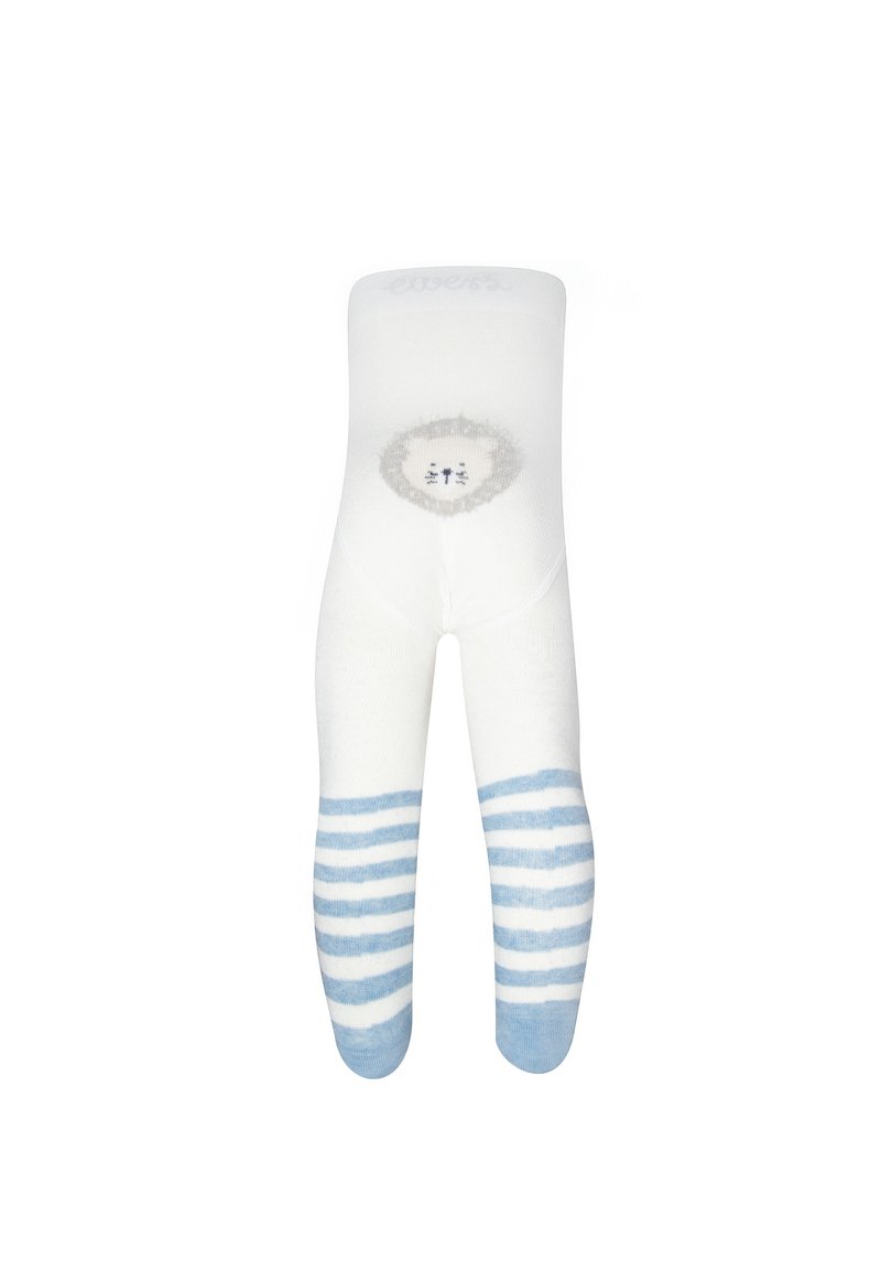 Weiße Strumpfhosen mit einem Löwengesicht auf der Taille und hellblauen und weißen gestreiften Mustern an den Beinen. Weicher, gestrickter Stoff.