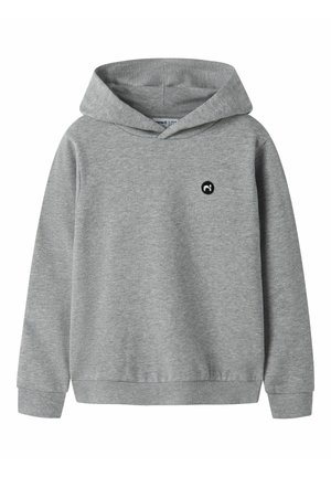 Sweat à capuche gris clair à manches longues avec petit logo noir sur la poitrine gauche, uni avec poignets et ourlet côtelés.