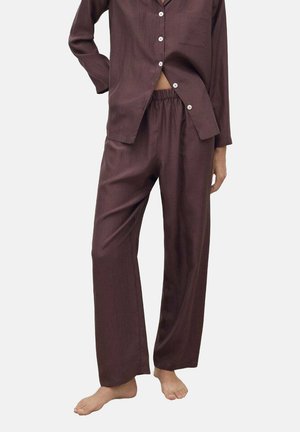 Burgundy pajama set made of soft fabric, featuring a button-up shirt with a pocket and elastic waist pants with straight legs.
