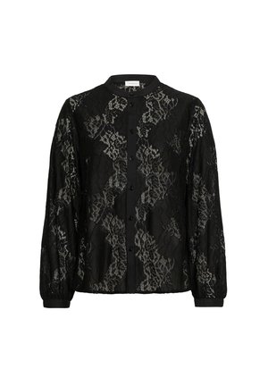 Schwarze Spitzenbluse mit durchgehender Knopfleiste, Kragen und langen Ärmeln. Verziert mit aufwendigen Spitzenmustern und schwarzen Stoffakzenten an den Manschetten.