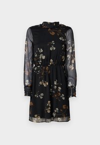 Rochie neagră cu flori, cu mâneci lungi din material transparent, talie elastică, guler volă și modele de flori maro și alb în toată rochia.