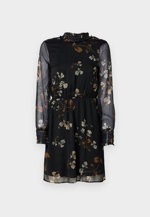 Black floral dress with long sheer sleeves, elastic waistband, ruffled collar, and brown and white flower patterns throughout.