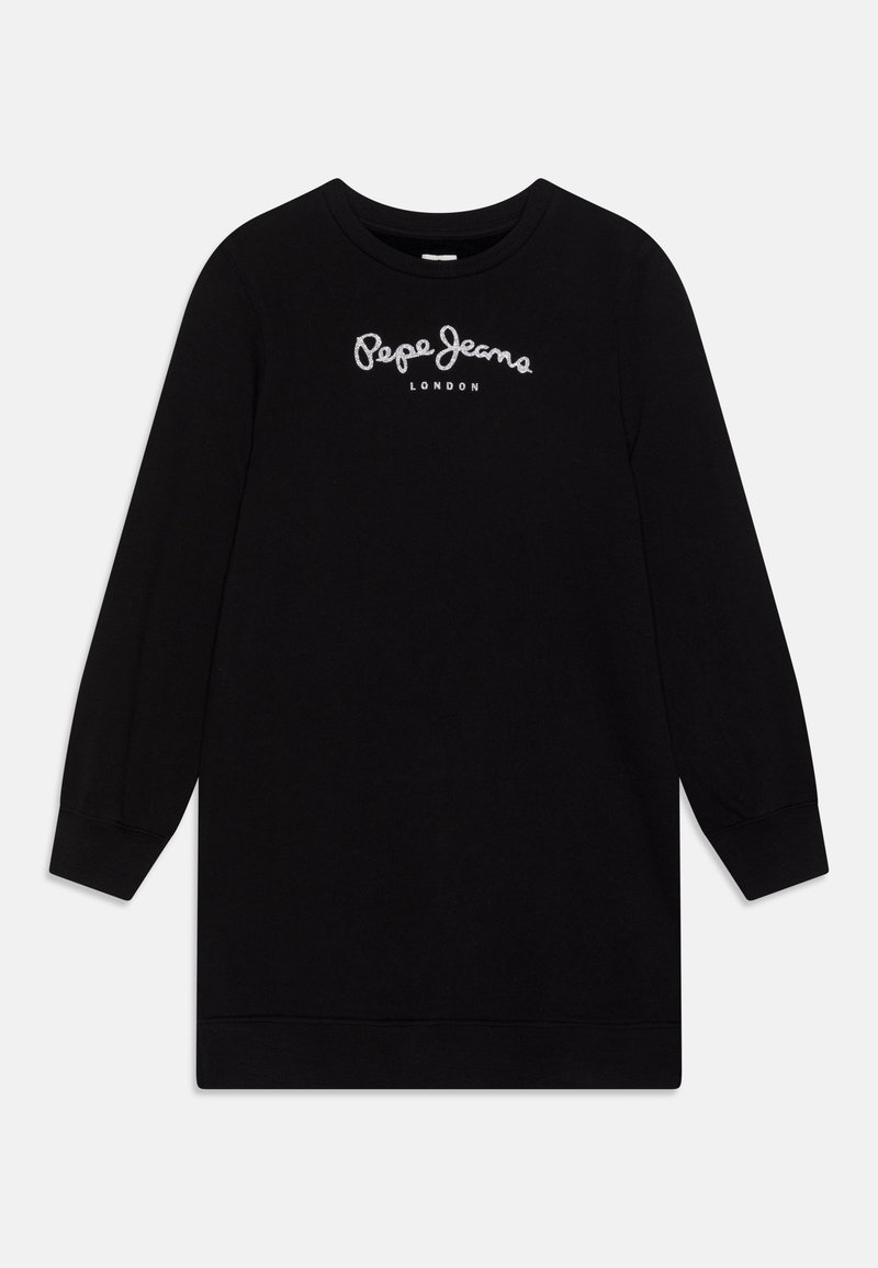 Robe noire à manches longues avec col rond et logo blanc "Pepe Jeans London" brodé sur la poitrine, présentée sur un fond uni.