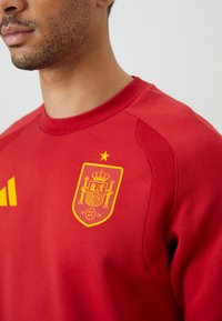 Sarkans džemperis ar teksturētām plecu daļām, ar dzeltenu izšuvumu Spānijas nacionālās komandas emblēma un zvaigznes detaļu uz krūtīm.