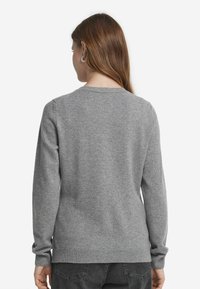 Grå stickad tröja med långa ärmar, rund hals och ribbade manschetter. Mjuk textur; inga synliga mönster eller detaljeringar. Bakvy visas.